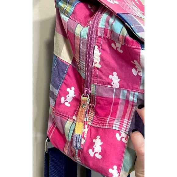 Disney Parks Mickey Silhouette Pink Madras Patchwork Backpack - Picture 6 of 8